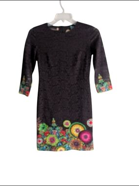 Desigual Black Lace Floral Mandala Sheath Dress 3/4 Sleeve Sz.36